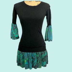Bebe bodycon dress, puff silky sleeves XS black with blue/green peacock sleeves